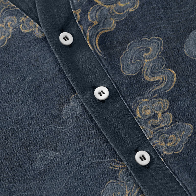 Buddha Stones Camicia da uomo a maniche corte con mezza abbottonatura, in cotone, con motivo "Nuvola di buon auspicio". - image 3
