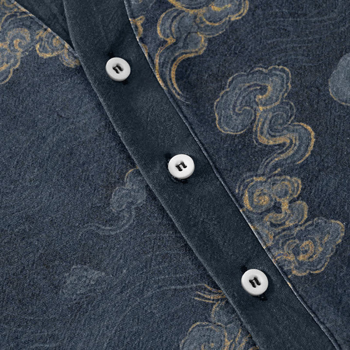 Buddha Stones Camicia da uomo a maniche corte con mezza abbottonatura, in cotone, con motivo "Nuvola di buon auspicio". - image 3