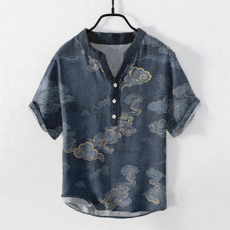 Buddha Stones Camicia da uomo a maniche corte con mezza abbottonatura, in cotone, con motivo "Nuvola di buon auspicio". - Marina - US/UK/AU50, EU60 (5XL) - image 0