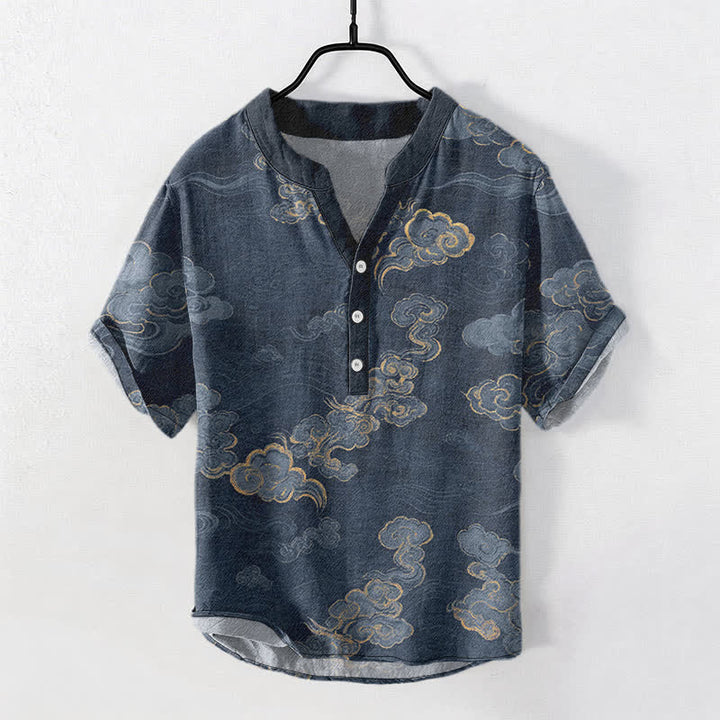 Buddha Stones Camicia da uomo a maniche corte con mezza abbottonatura, in cotone, con motivo "Nuvola di buon auspicio". - Marina - US/UK/AU50, EU60 (5XL) - image 0