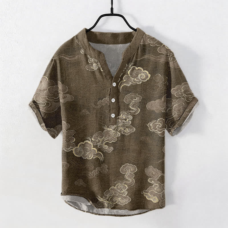 Buddha Stones Camicia da uomo a maniche corte con mezza abbottonatura, in cotone, con motivo "Nuvola di buon auspicio". - Marrone sella - US/UK/AU50, EU60 (5XL) - image 5