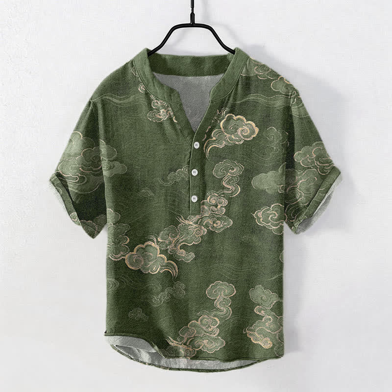Buddha Stones Camicia da uomo a maniche corte con mezza abbottonatura, in cotone, con motivo "Nuvola di buon auspicio". - Verde oliva - US/UK/AU50, EU60 (5XL) - image 7