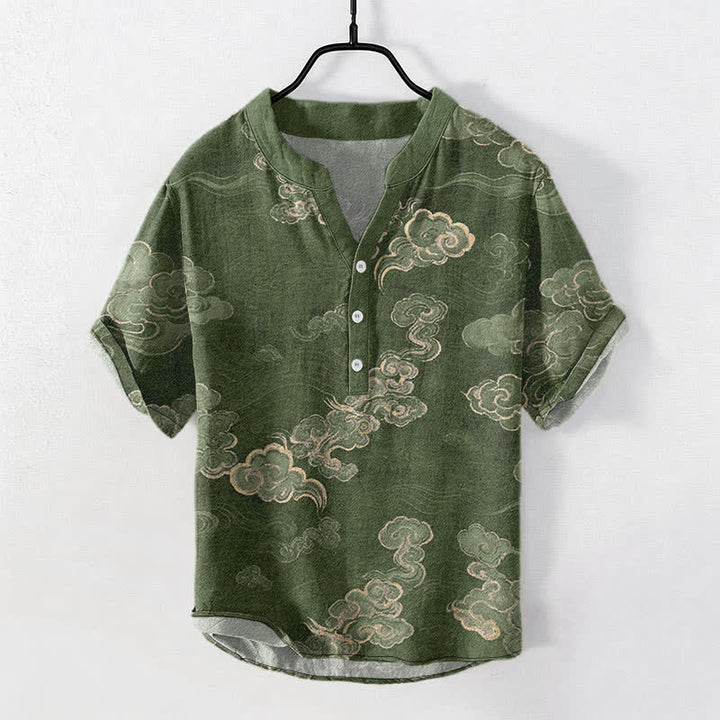 Buddha Stones Camicia da uomo a maniche corte con mezza abbottonatura, in cotone, con motivo "Nuvola di buon auspicio". - Verde oliva - US/UK/AU50, EU60 (5XL) - image 7