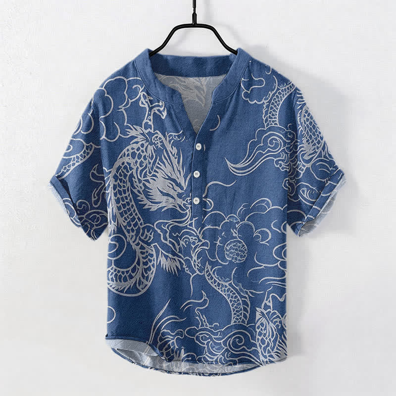 Buddha Stones Camicia da uomo a maniche corte con mezza abbottonatura, in cotone bianco con motivo drago e nuvole. - SteelBlue - US/UK/AU50, EU60 (5XL) - image 0