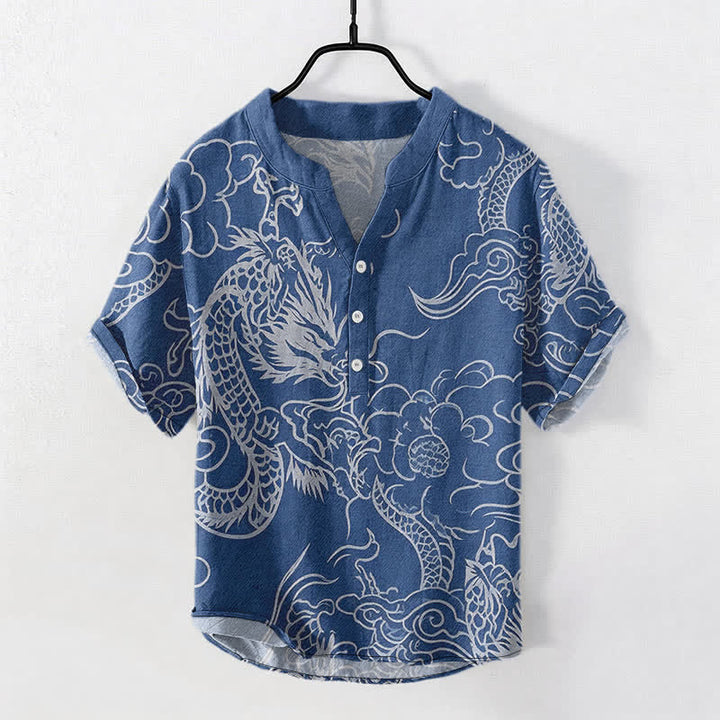 Buddha Stones Camicia da uomo a maniche corte con mezza abbottonatura, in cotone bianco con motivo drago e nuvole. - SteelBlue - US/UK/AU50, EU60 (5XL) - image 0