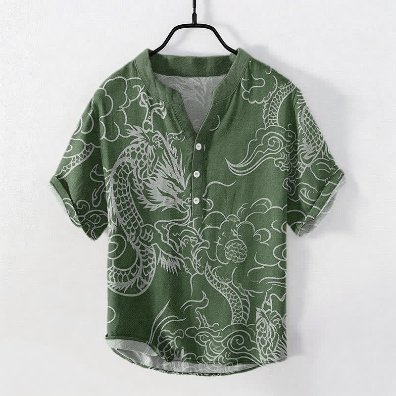 Buddha Stones Camicia da uomo a maniche corte con mezza abbottonatura, in cotone bianco con motivo drago e nuvole. - Verde studentesco - US/UK/AU50, EU60 (5XL) - image 5