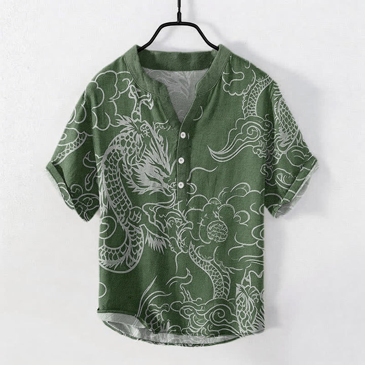 Buddha Stones Camicia da uomo a maniche corte con mezza abbottonatura, in cotone bianco con motivo drago e nuvole. - Verde studentesco - US/UK/AU50, EU60 (5XL) - image 5