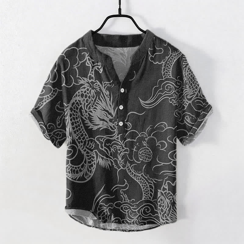 Buddha Stones Camicia da uomo a maniche corte con mezza abbottonatura, in cotone bianco con motivo drago e nuvole. - Nero - US/UK/AU50, EU60 (5XL) - image 7