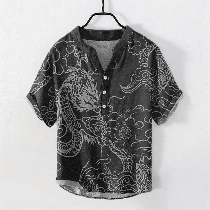 Buddha Stones Camicia da uomo a maniche corte con mezza abbottonatura, in cotone bianco con motivo drago e nuvole. - Nero - US/UK/AU50, EU60 (5XL) - image 7