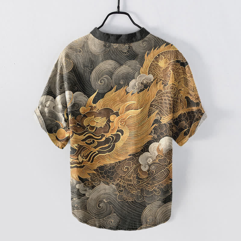 Buddha Stones Camicia da uomo a maniche corte con mezza abbottonatura, in cotone, con motivo drago dorato. - image 1