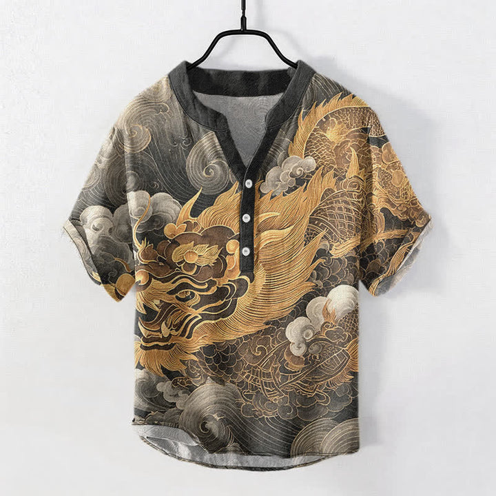 Buddha Stones Camicia da uomo a maniche corte con mezza abbottonatura, in cotone, con motivo drago dorato. - Grigio tenue - US/UK/AU50, EU60 (5XL) - image 0