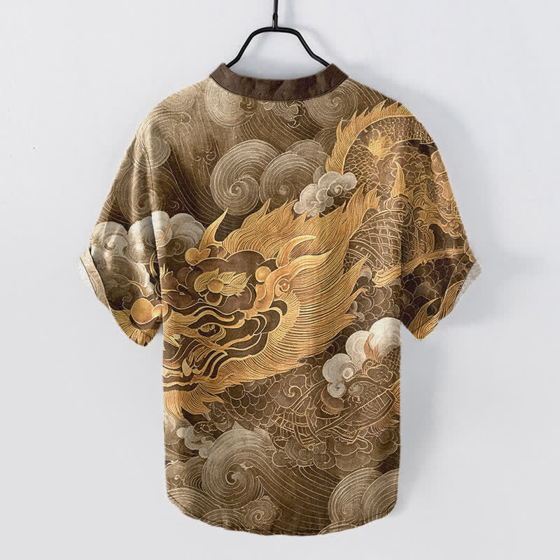 Buddha Stones Camicia da uomo a maniche corte con mezza abbottonatura, in cotone, con motivo drago dorato. - image 6