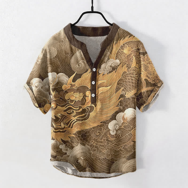 Buddha Stones Camicia da uomo a maniche corte con mezza abbottonatura, in cotone, con motivo drago dorato. - Marrone sella - US/UK/AU50, EU60 (5XL) - image 5