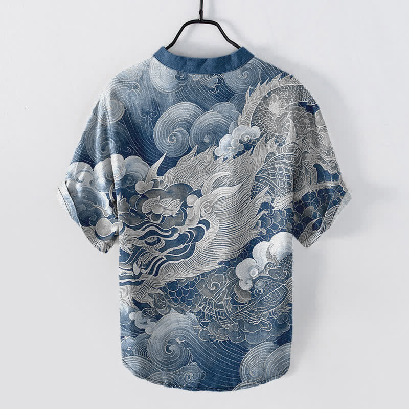 Buddha Stones Camicia da uomo a maniche corte con mezza abbottonatura, in cotone, con motivo drago dorato. - SteelBlue - US/UK/AU50, EU60 (5XL) - image 7