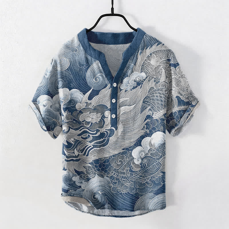 Buddha Stones Camicia da uomo a maniche corte con mezza abbottonatura, in cotone, con motivo drago dorato. - image 8