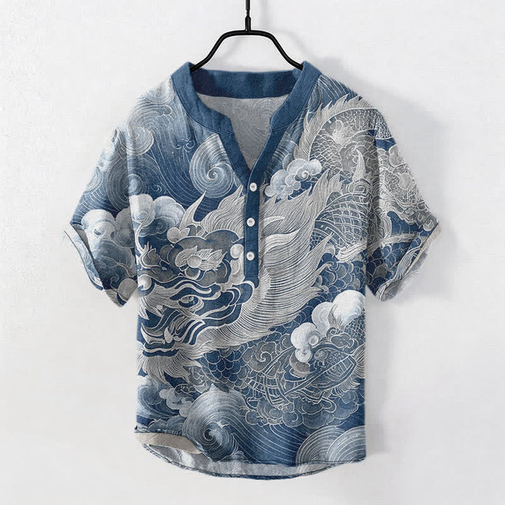 Buddha Stones Camicia da uomo a maniche corte con mezza abbottonatura, in cotone, con motivo drago dorato. - image 8