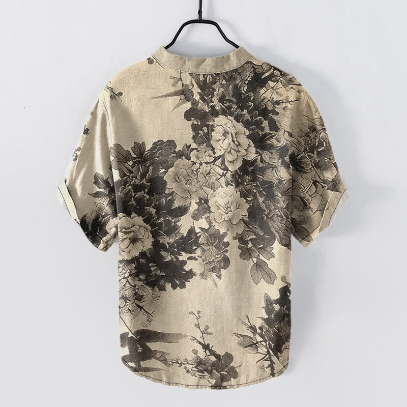 Buddha Stones Camicia da uomo a maniche corte con mezza abbottonatura e fantasia floreale in cotone. - Beige - US/UK/AU50, EU60 (5XL) - image 0