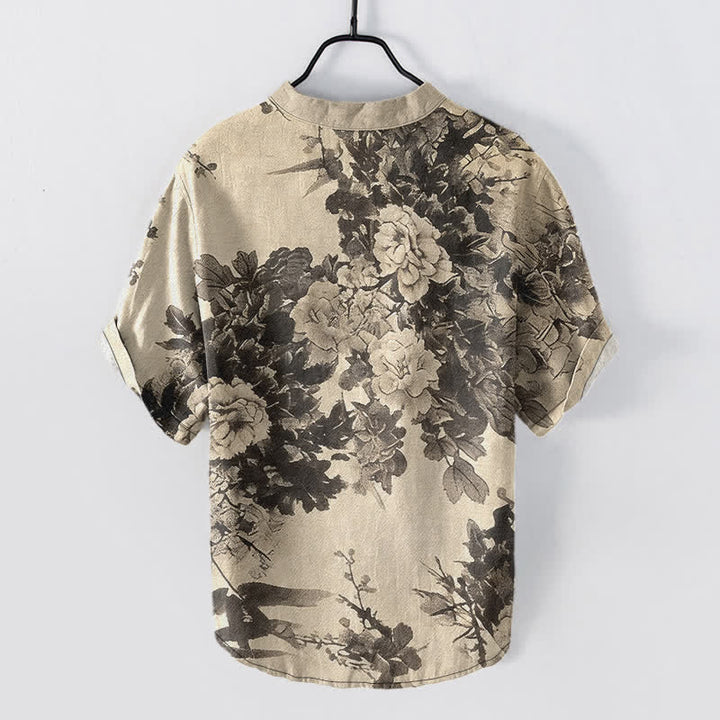Buddha Stones Camicia da uomo a maniche corte con mezza abbottonatura e fantasia floreale in cotone. - Beige - US/UK/AU50, EU60 (5XL) - image 0