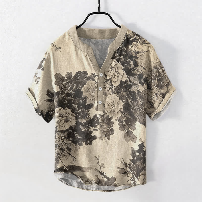Buddha Stones Camicia da uomo a maniche corte con mezza abbottonatura e fantasia floreale in cotone. - image 1