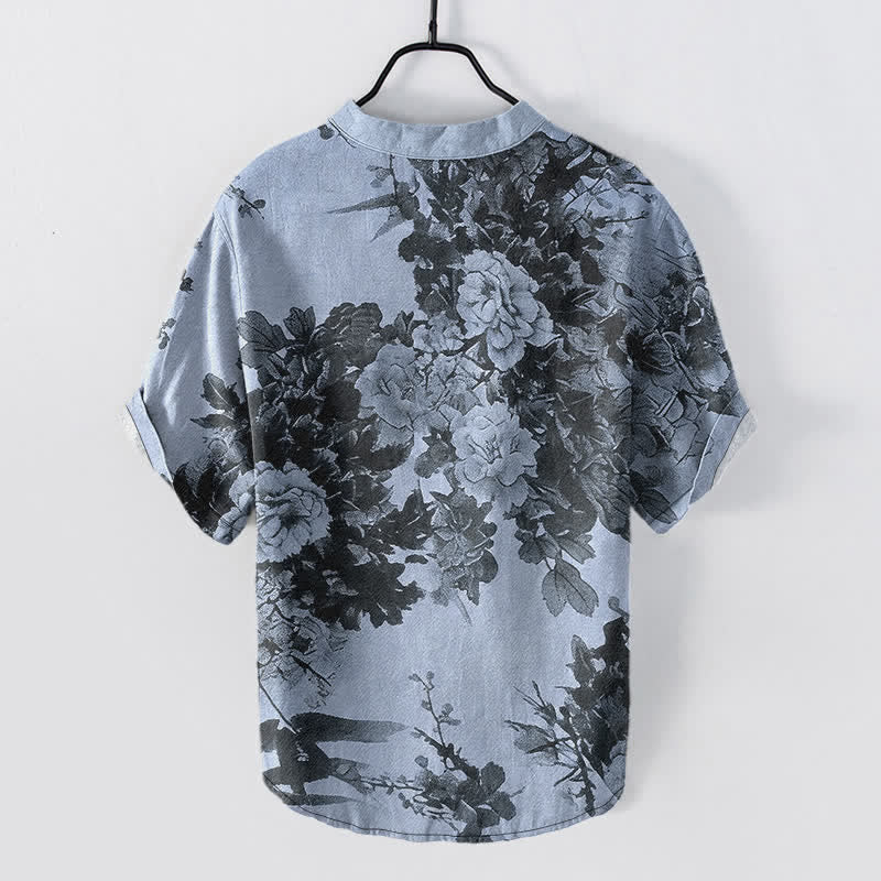 Buddha Stones Camicia da uomo a maniche corte con mezza abbottonatura e fantasia floreale in cotone. - image 6