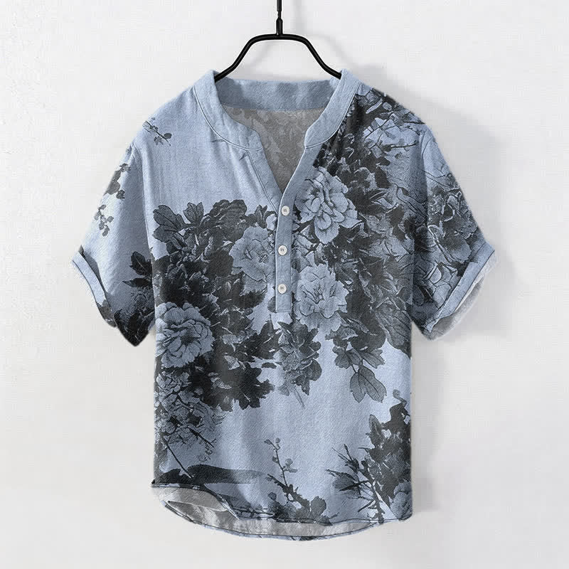 Buddha Stones Camicia da uomo a maniche corte con mezza abbottonatura e fantasia floreale in cotone. - Blu acciaio chiaro - US/UK/AU50, EU60 (5XL) - image 5