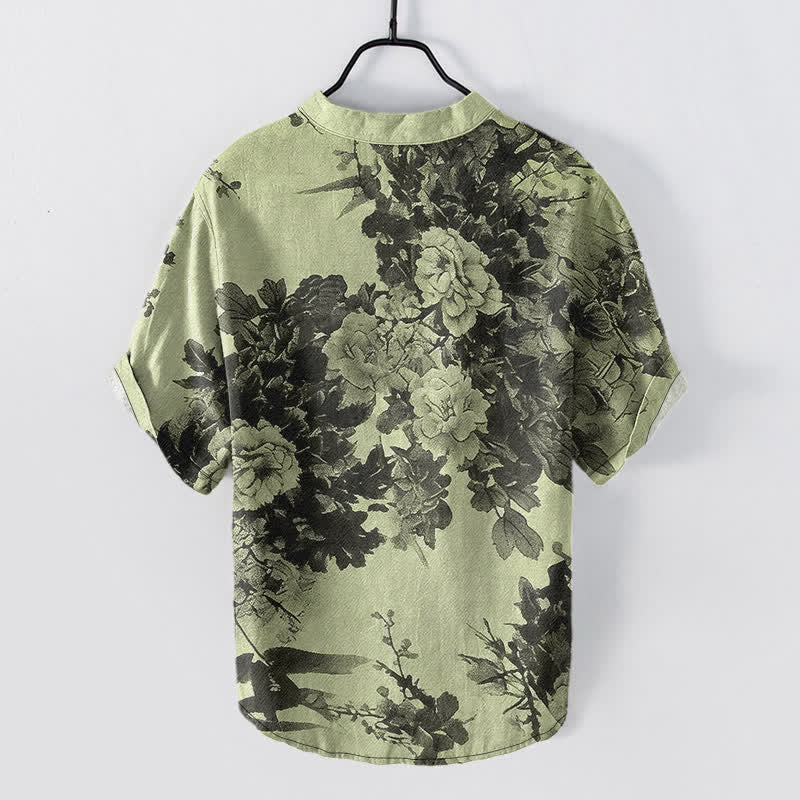 Buddha Stones Camicia da uomo a maniche corte con mezza abbottonatura e fantasia floreale in cotone. - image 8