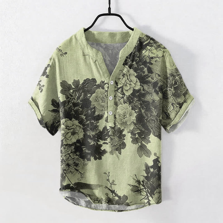 Buddha Stones Camicia da uomo a maniche corte con mezza abbottonatura e fantasia floreale in cotone. - Verde pallido - US/UK/AU50, EU60 (5XL) - image 7