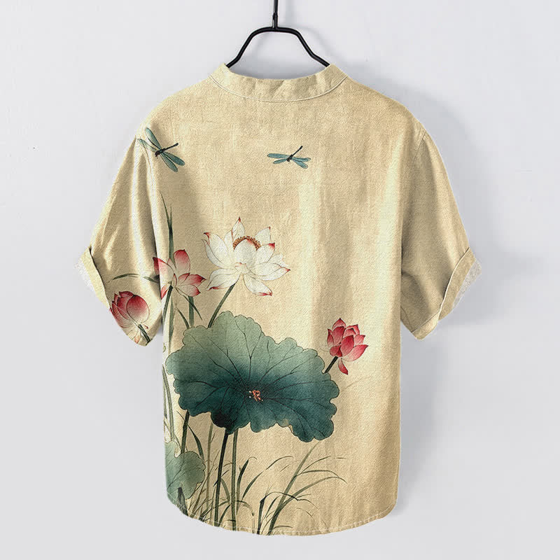 Buddha Stones Camicia da uomo a maniche corte con mezza abbottonatura, in cotone, con motivo libellula e loto. - image 1