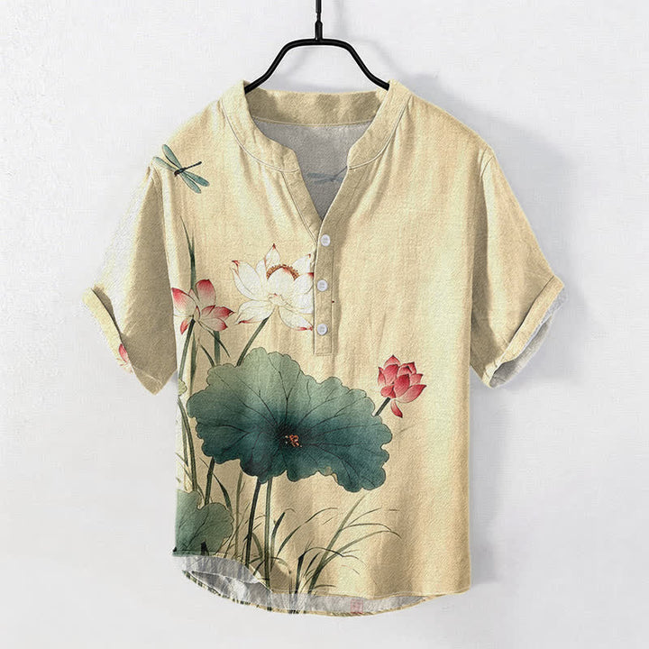 Buddha Stones Camicia da uomo a maniche corte con mezza abbottonatura, in cotone, con motivo libellula e loto. - Biancheria - US/UK/AU50, EU60 (5XL) - image 0