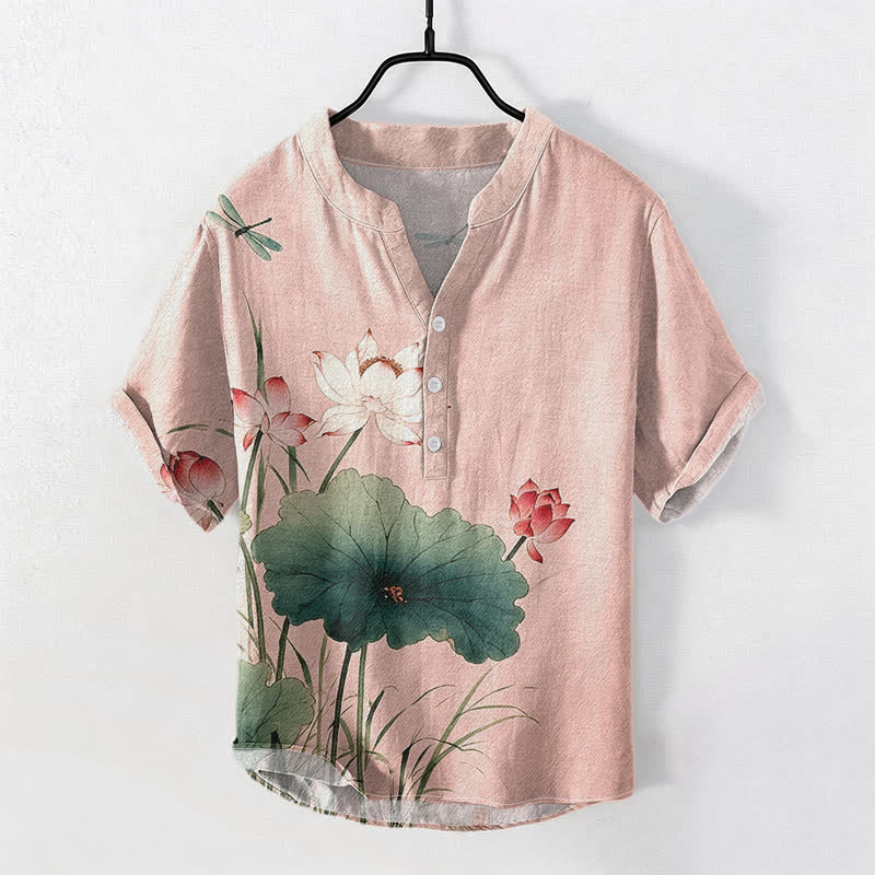 Buddha Stones Camicia da uomo a maniche corte con mezza abbottonatura, in cotone, con motivo libellula e loto. - Rosa chiaro - US/UK/AU50, EU60 (5XL) - image 3
