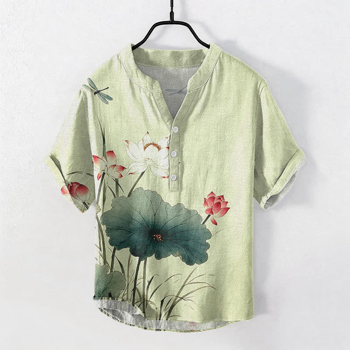 Buddha Stones Camicia da uomo a maniche corte con mezza abbottonatura, in cotone, con motivo libellula e loto. - Verde pallido - US/UK/AU50, EU60 (5XL) - image 5