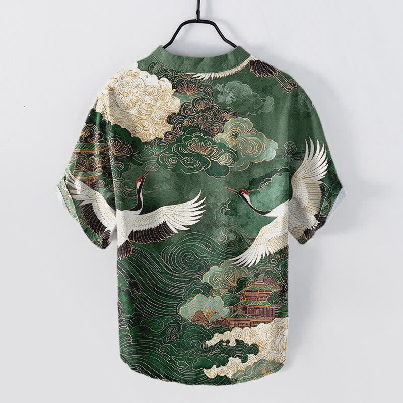 Buddha Stones Camicia da uomo a maniche corte con mezza abbottonatura, in cotone, con motivo gru e nuvole. - image 1