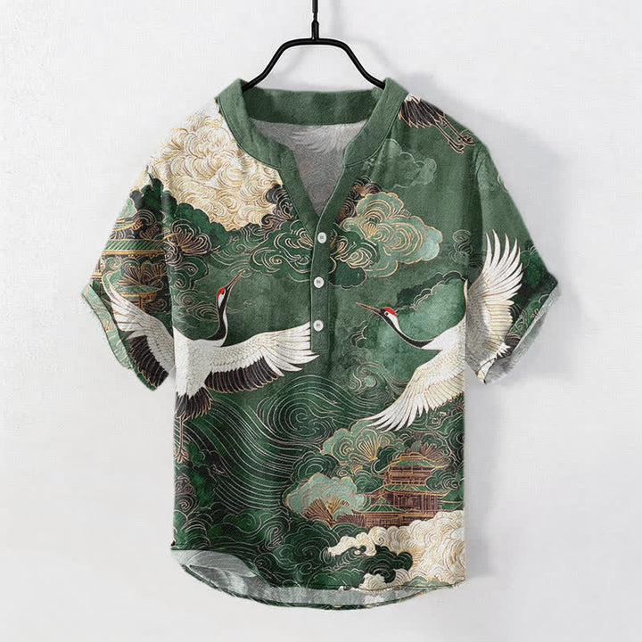 Buddha Stones Camicia da uomo a maniche corte con mezza abbottonatura, in cotone, con motivo gru e nuvole. - Verde studentesco - US/UK/AU50, EU60 (5XL) - image 0