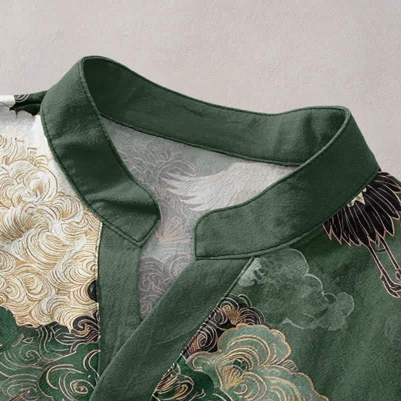 Buddha Stones Camicia da uomo a maniche corte con mezza abbottonatura, in cotone, con motivo gru e nuvole. - image 2