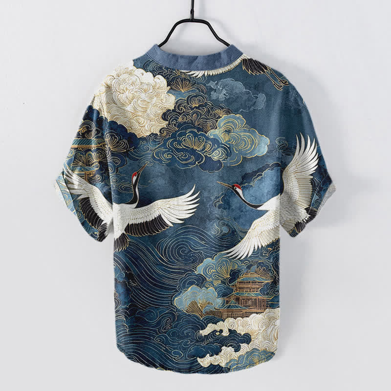 Buddha Stones Camicia da uomo a maniche corte con mezza abbottonatura, in cotone, con motivo gru e nuvole. - image 6