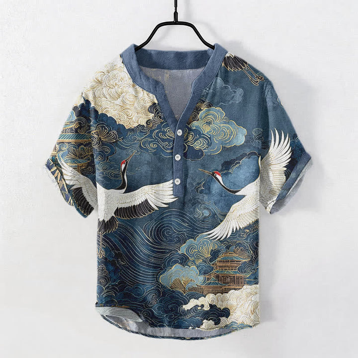 Buddha Stones Camicia da uomo a maniche corte con mezza abbottonatura, in cotone, con motivo gru e nuvole. - SteelBlue - US/UK/AU50, EU60 (5XL) - image 5