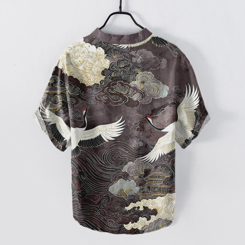 Buddha Stones Camicia da uomo a maniche corte con mezza abbottonatura, in cotone, con motivo gru e nuvole. - image 8