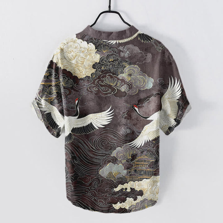 Buddha Stones Camicia da uomo a maniche corte con mezza abbottonatura, in cotone, con motivo gru e nuvole. - image 8
