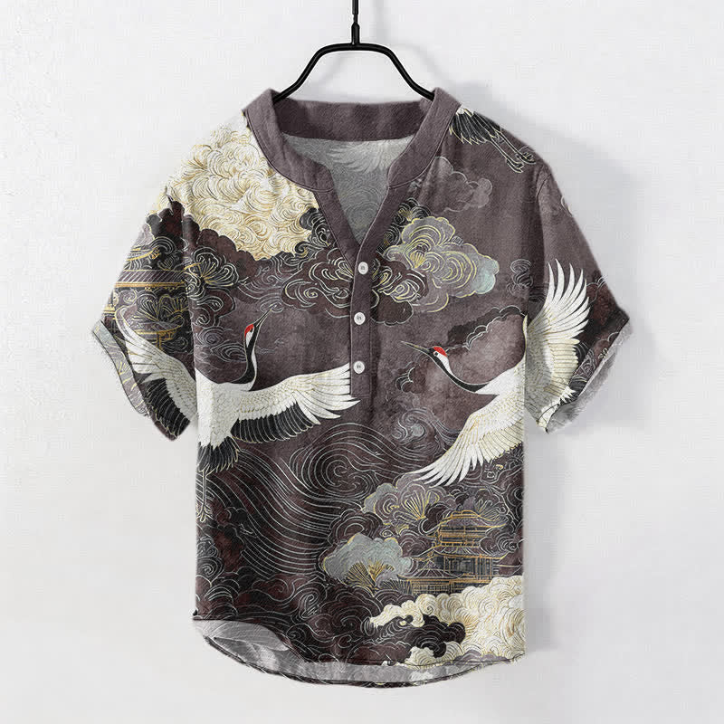 Buddha Stones Camicia da uomo a maniche corte con mezza abbottonatura, in cotone, con motivo gru e nuvole. - Grigio ardesia - US/UK/AU50, EU60 (5XL) - image 7