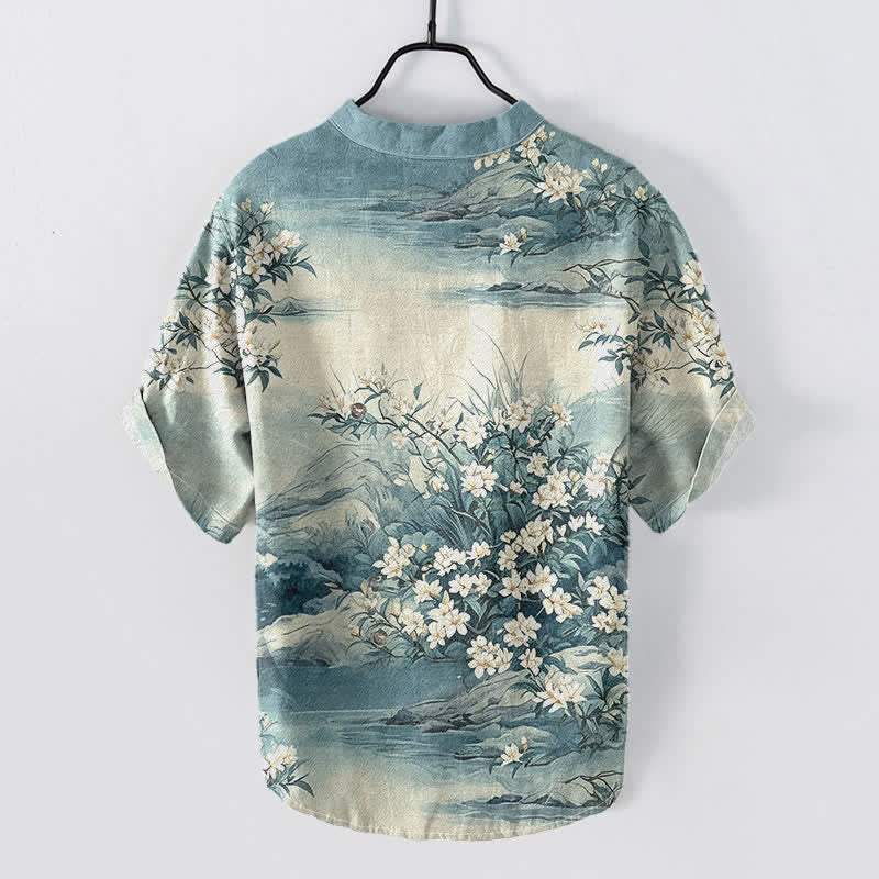 Buddha Stones Camicia da uomo a maniche corte con mezza abbottonatura e motivo floreale paesaggistico in cotone. - image 1