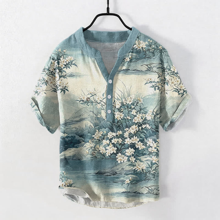 Buddha Stones Camicia da uomo a maniche corte con mezza abbottonatura e motivo floreale paesaggistico in cotone. - Turchese scuro - US/UK/AU50, EU60 (5XL) - image 0
