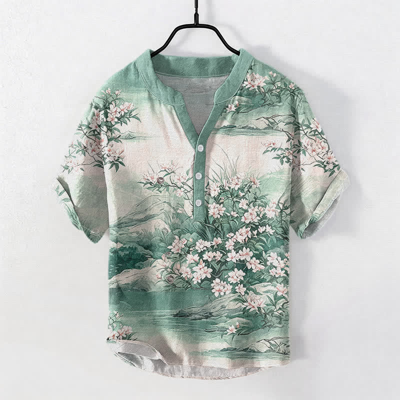 Buddha Stones Camicia da uomo a maniche corte con mezza abbottonatura e motivo floreale paesaggistico in cotone. - Verde chiaro - US/UK/AU50, EU60 (5XL) - image 3