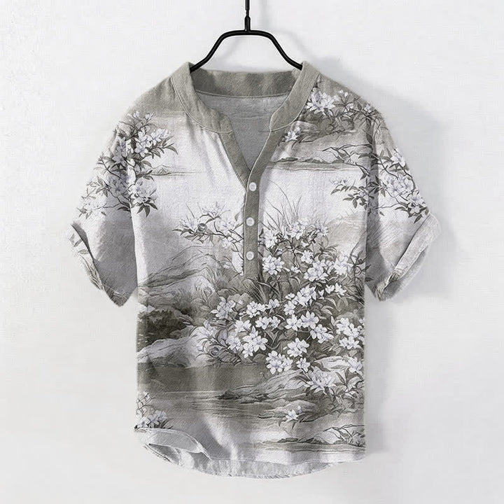 Buddha Stones Camicia da uomo a maniche corte con mezza abbottonatura e motivo floreale paesaggistico in cotone. - Grigio chiaro - US/UK/AU50, EU60 (5XL) - image 5