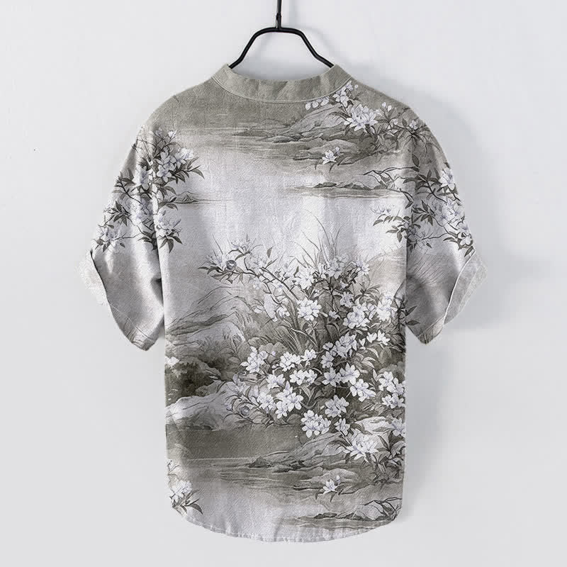 Buddha Stones Camicia da uomo a maniche corte con mezza abbottonatura e motivo floreale paesaggistico in cotone. - image 6