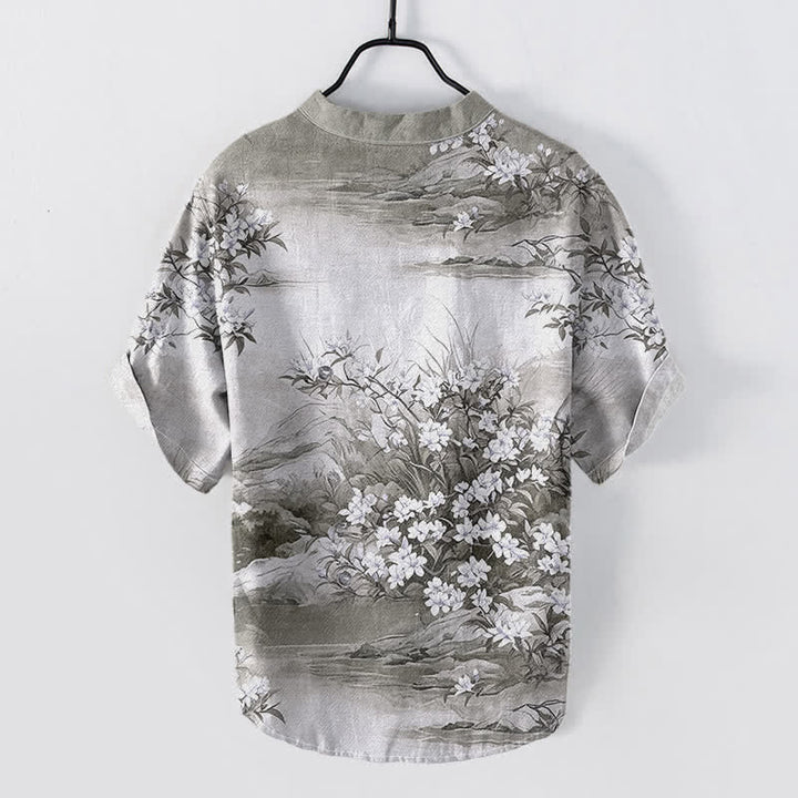 Buddha Stones Camicia da uomo a maniche corte con mezza abbottonatura e motivo floreale paesaggistico in cotone. - image 6