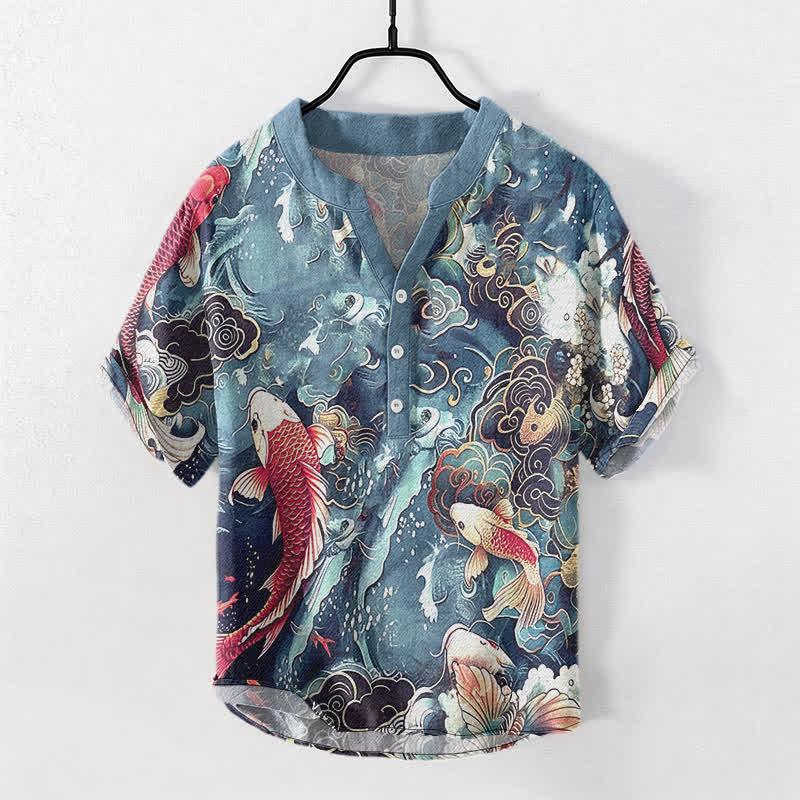 Buddha Stones Camicia da uomo a maniche corte con mezza abbottonatura e motivo a onde di pesci koi in cotone. - Turchese - US/UK/AU50, EU60 (5XL) - image 5