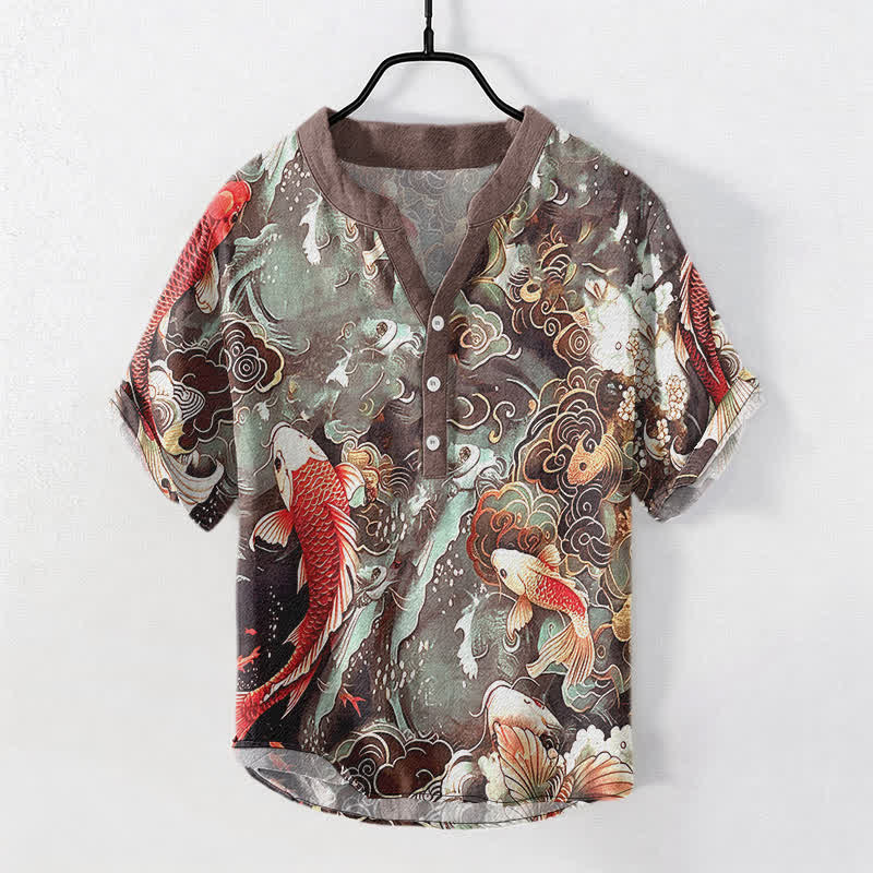 Buddha Stones Camicia da uomo a maniche corte con mezza abbottonatura e motivo a onde di pesci koi in cotone. - Siena - US/UK/AU50, EU60 (5XL) - image 7