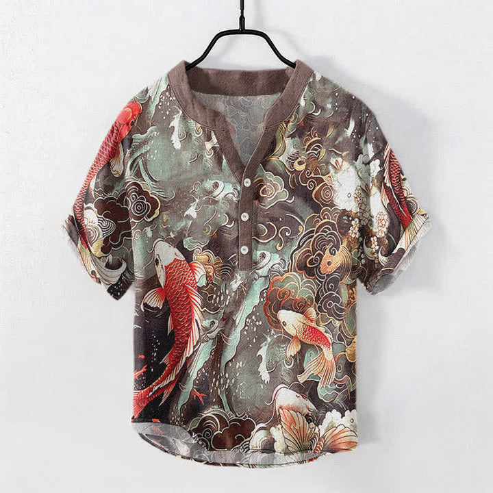 Buddha Stones Camicia da uomo a maniche corte con mezza abbottonatura e motivo a onde di pesci koi in cotone. - Siena - US/UK/AU50, EU60 (5XL) - image 7