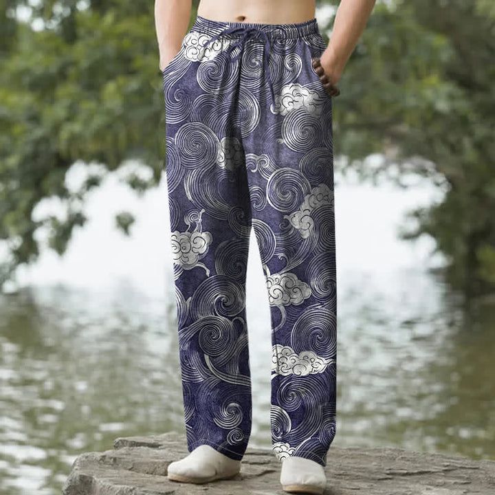 Buddha Stones Pantaloni da uomo affusolati con tasche, fantasia a onde e nuvole in cotone. - Marina - US/UK/AU50, EU60 (5XL) - image 0