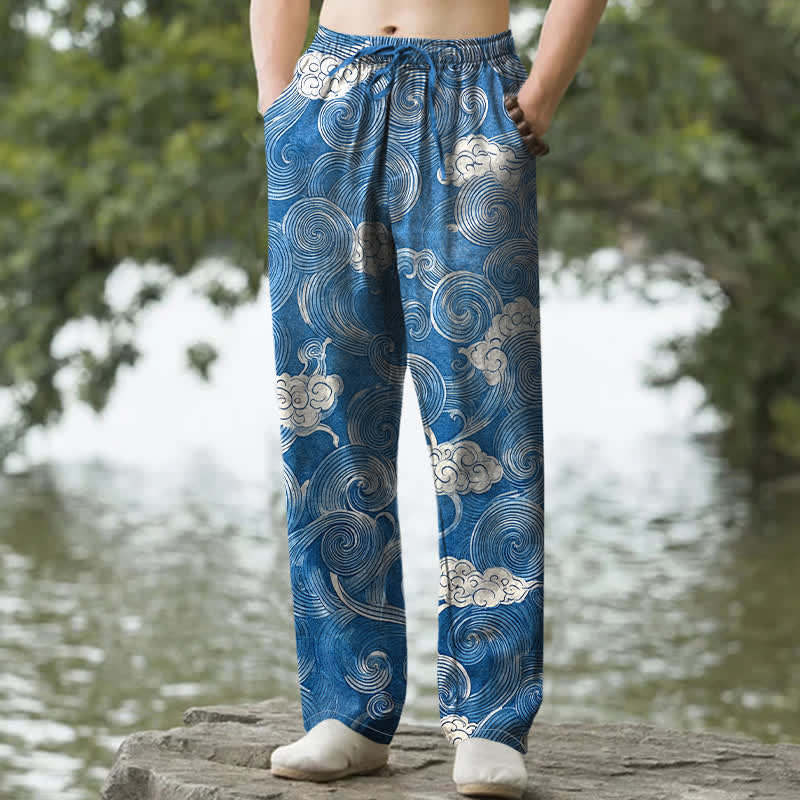 Buddha Stones Pantaloni da uomo affusolati con tasche, fantasia a onde e nuvole in cotone. - DodgerBlue - US/UK/AU50, EU60 (5XL) - image 4
